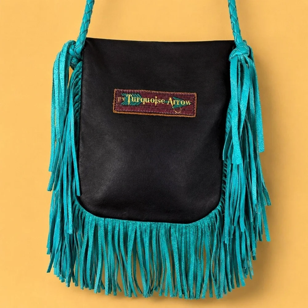 The Turquoise Arrow Black Leather Turquoise Fringe Crossbody Bag Western Boho OS